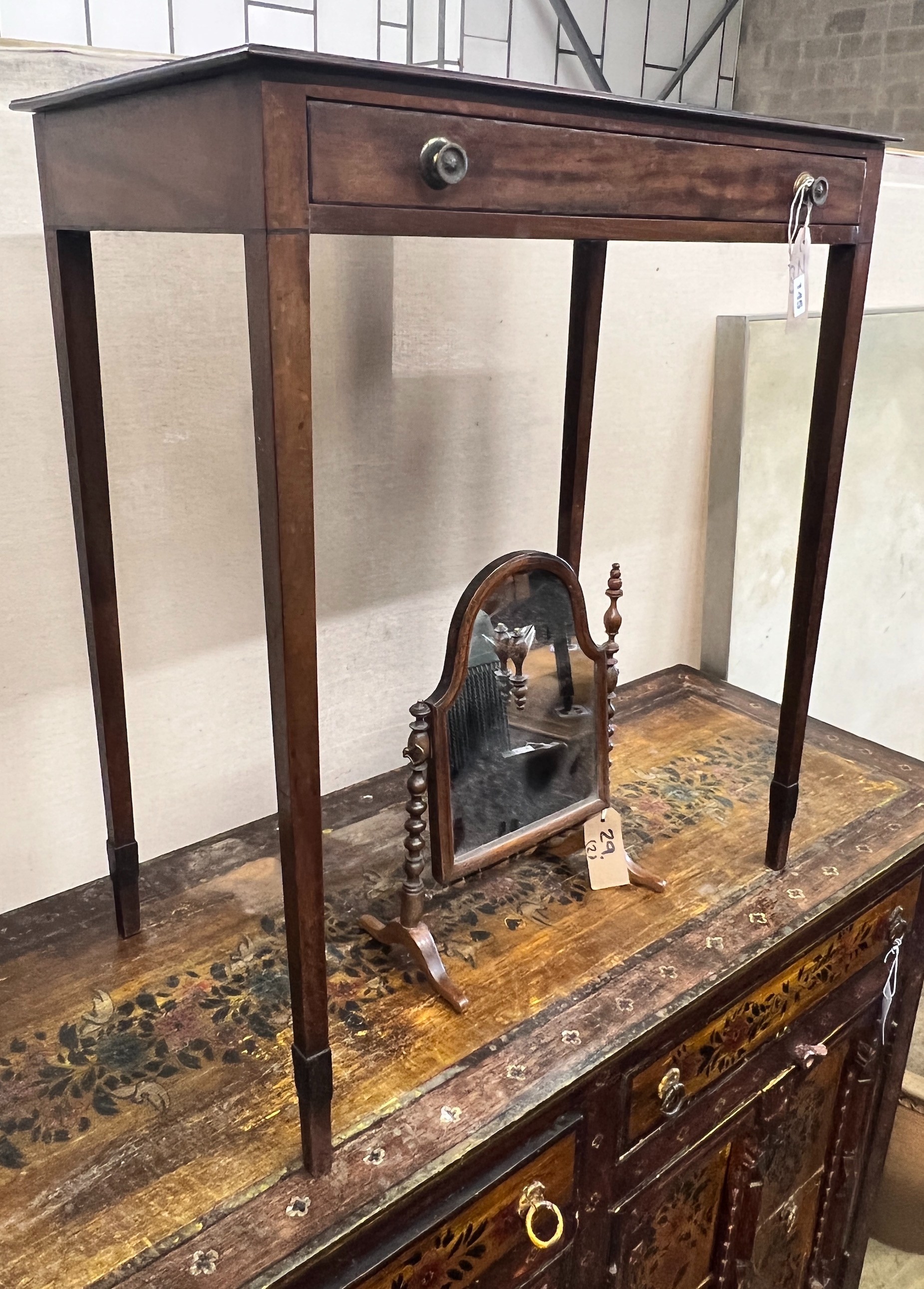 A George III mahogany side table, width 64cm, depth 36cm, height 75cm and a Victorian bobbin turned mahogany toilet mirror